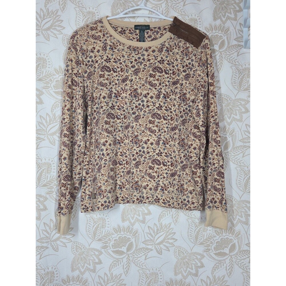 Lauren Ralph co Long Sleeve Floral Paisley Top Suede Elbow Patch Zip XL Riding *